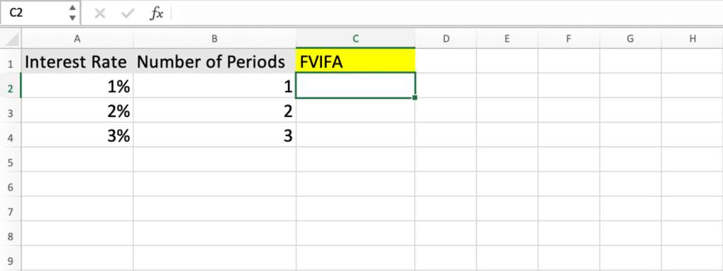 Calculating FVIFA in Excel - Step 1