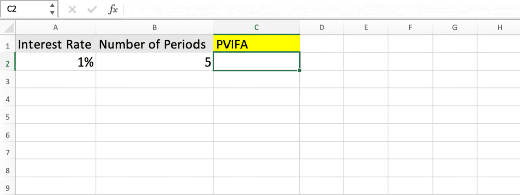 Calculating PVIFA in Excel - Step 1