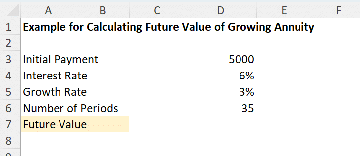 Example for Calculating Future Value of Growing Annuity in Excel - 1
