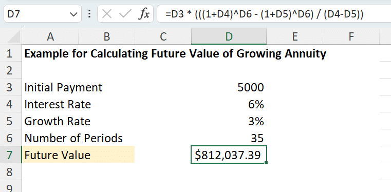 Example for Calculating Future Value of Growing Annuity in Excel - 2