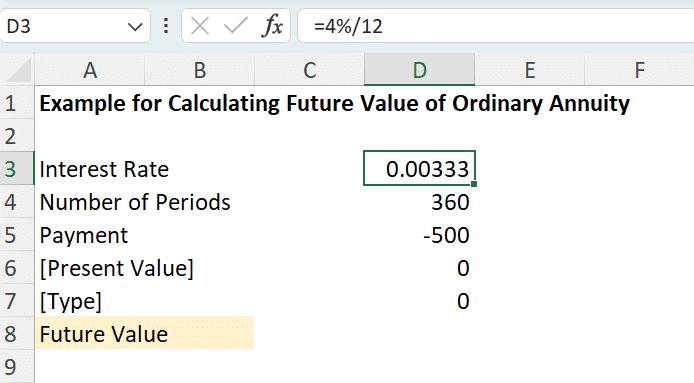 Example for Calculating Future Value of Ordinary Annuity in Excel - 1