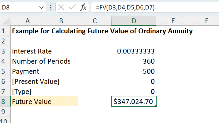 Example for Calculating Future Value of Ordinary Annuity in Excel - 2