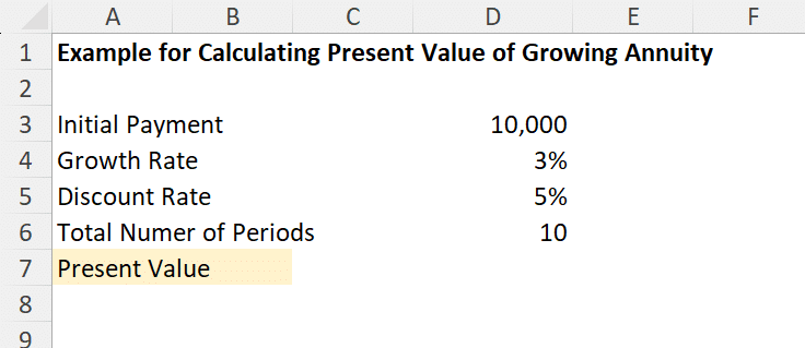 Example for Calculating Present Value of Growing Annuity in Excel - 1