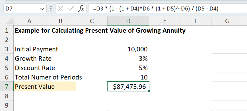 Example for Calculating Present Value of Growing Annuity in Excel - 2