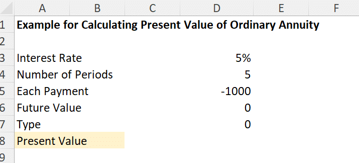Example for Calculating Present Value of Ordinary Annuity in Excel - 1