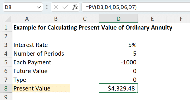 Example for Calculating Present Value of Ordinary Annuity in Excel - 2